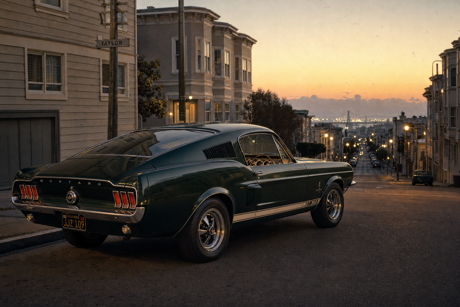 A Highland Green 1968 Ford Mustang GT390 parked on a quiet San Francisco street at dusk, the city descending to the bay behind it