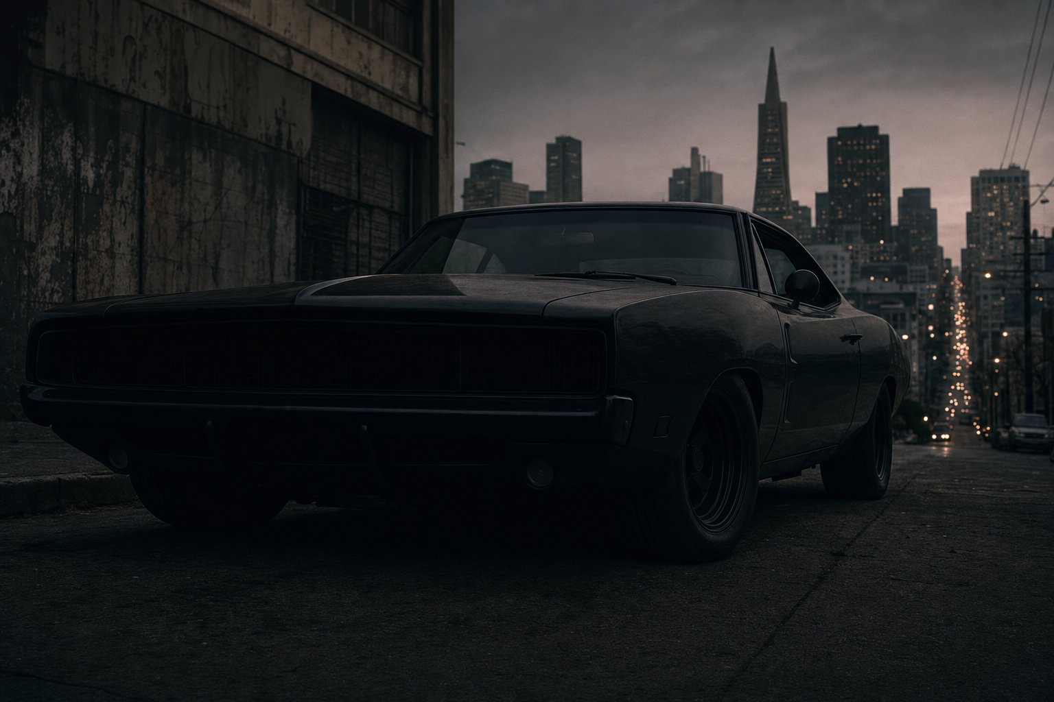 A 1968 black Dodge Charger R/T crouched on a dark San Francisco street, the city skyline glowing behind it