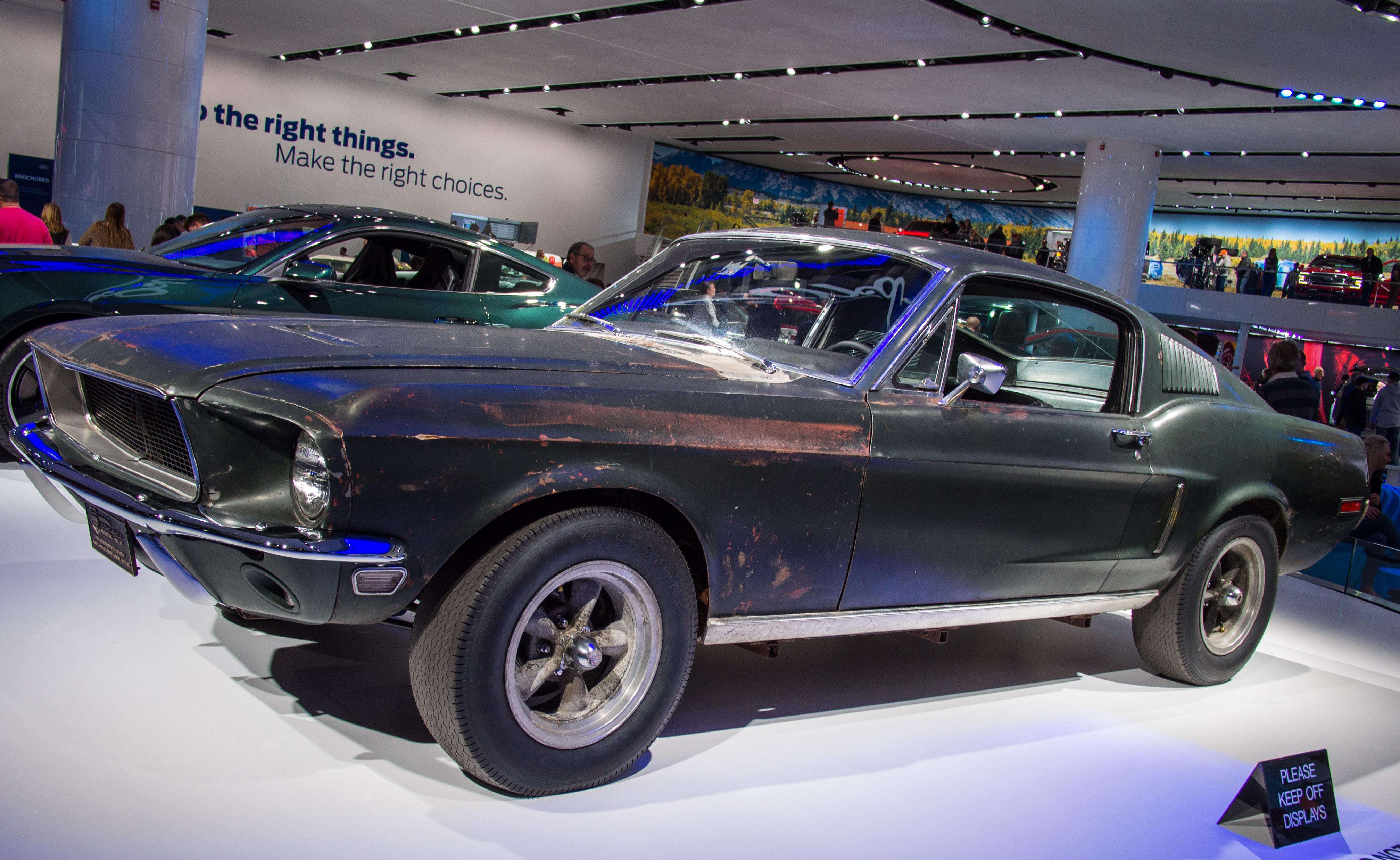 The original 1968 Ford Mustang GT390 hero car from Bullitt, displayed at the 2018 North American International Auto Show in Detroit