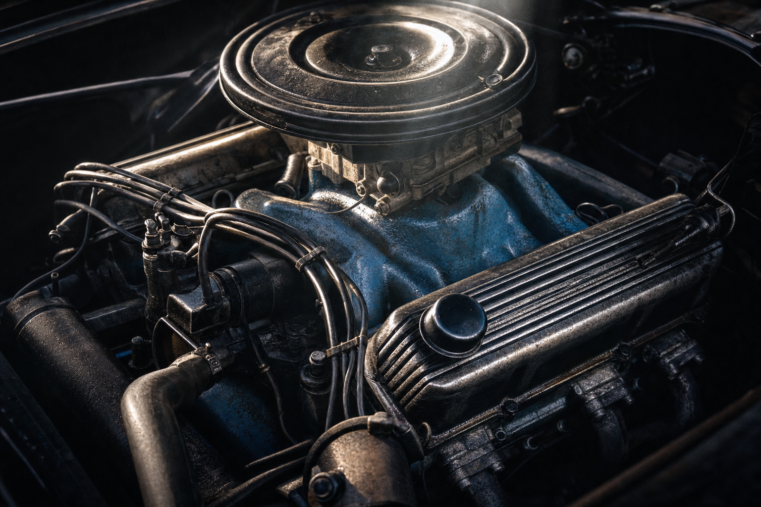 Extreme close-up of a 1968 Ford Mustang GT390 V8 engine, the 390 cubic inch big-block filling the frame with mechanical detail