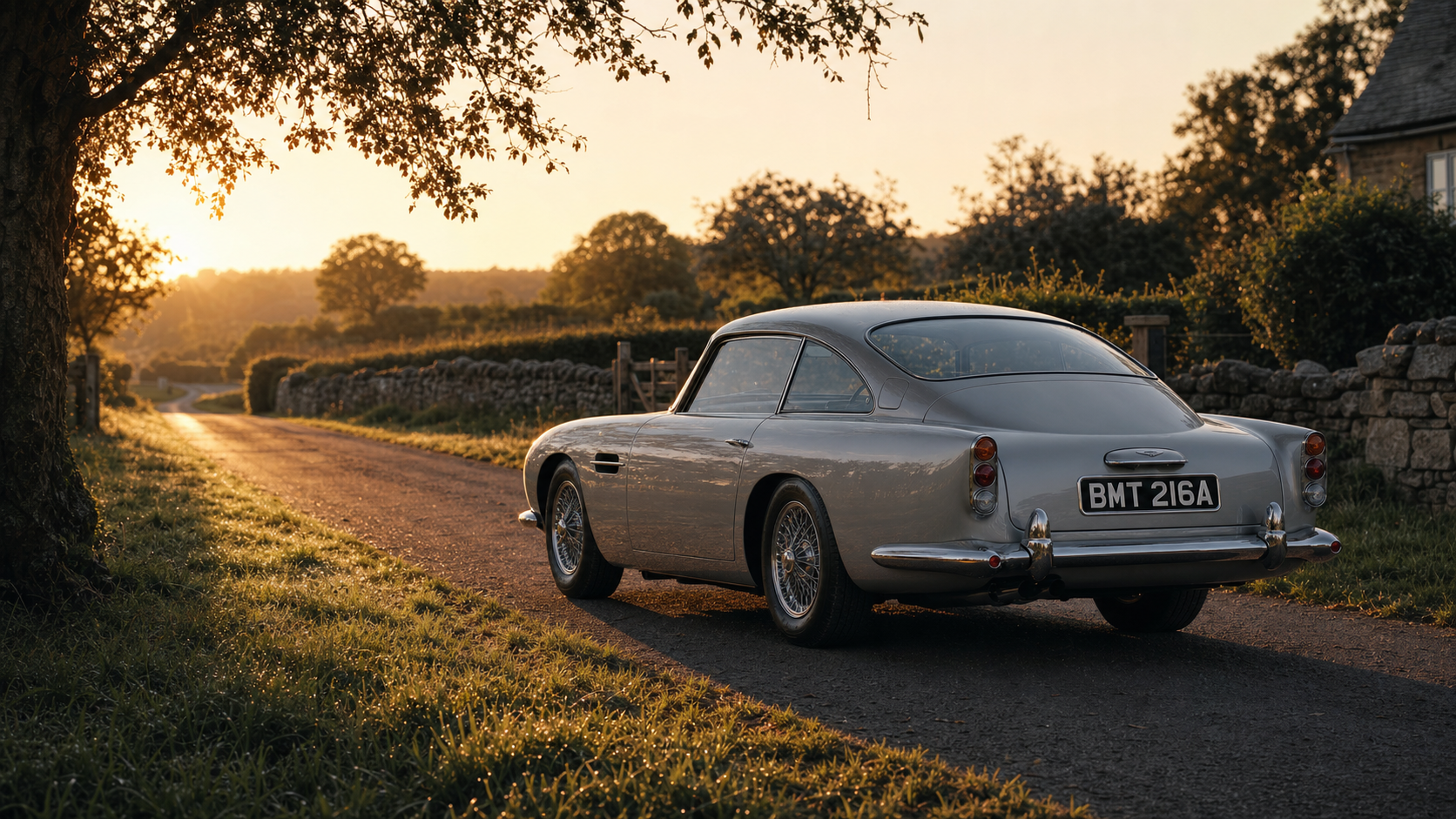 A Silver Birch Aston Martin DB5 on a quiet English country lane at golden hour, long evening shadows