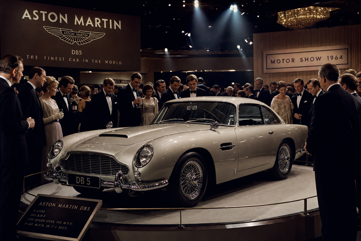 A Silver Birch Aston Martin DB5 on display at a 1960s motor show, crowds of admirers in black tie surrounding it