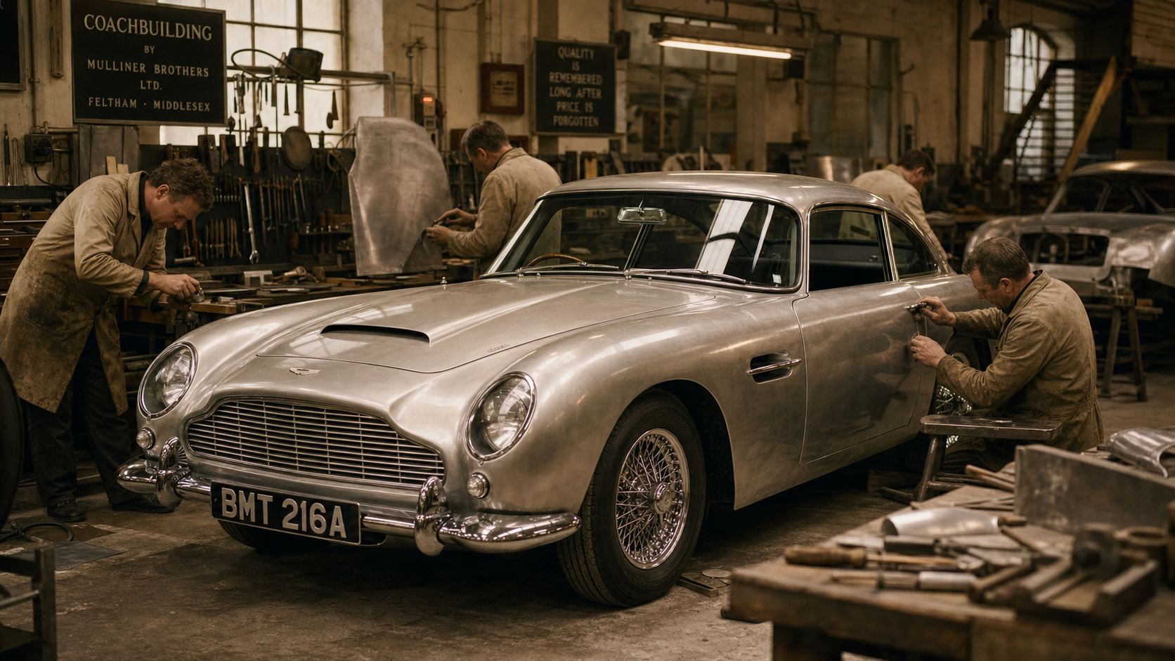 A Silver Birch Aston Martin DB5 on the production floor of a 1960s British coachbuilding workshop, craftsmen at work around it