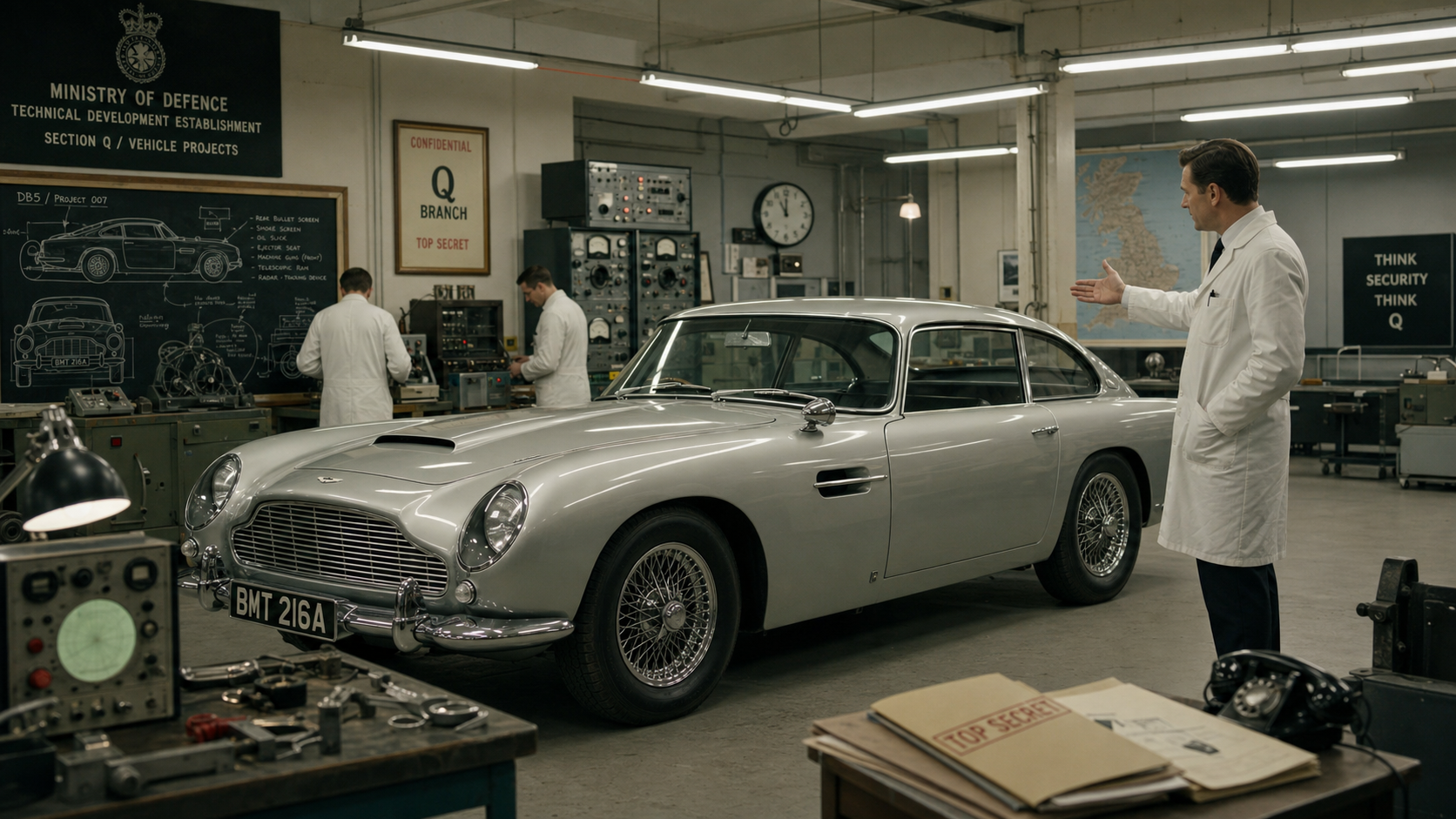 A Silver Birch Aston Martin DB5 inside a 1960s government workshop, a man in a white lab coat gesturing at the vehicle