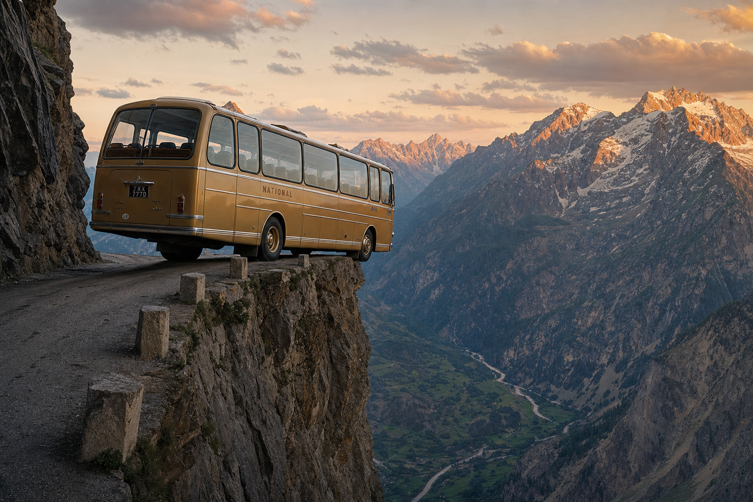 A gold coach bus balanced precariously on the edge of an Alpine cliff, mountain valley far below