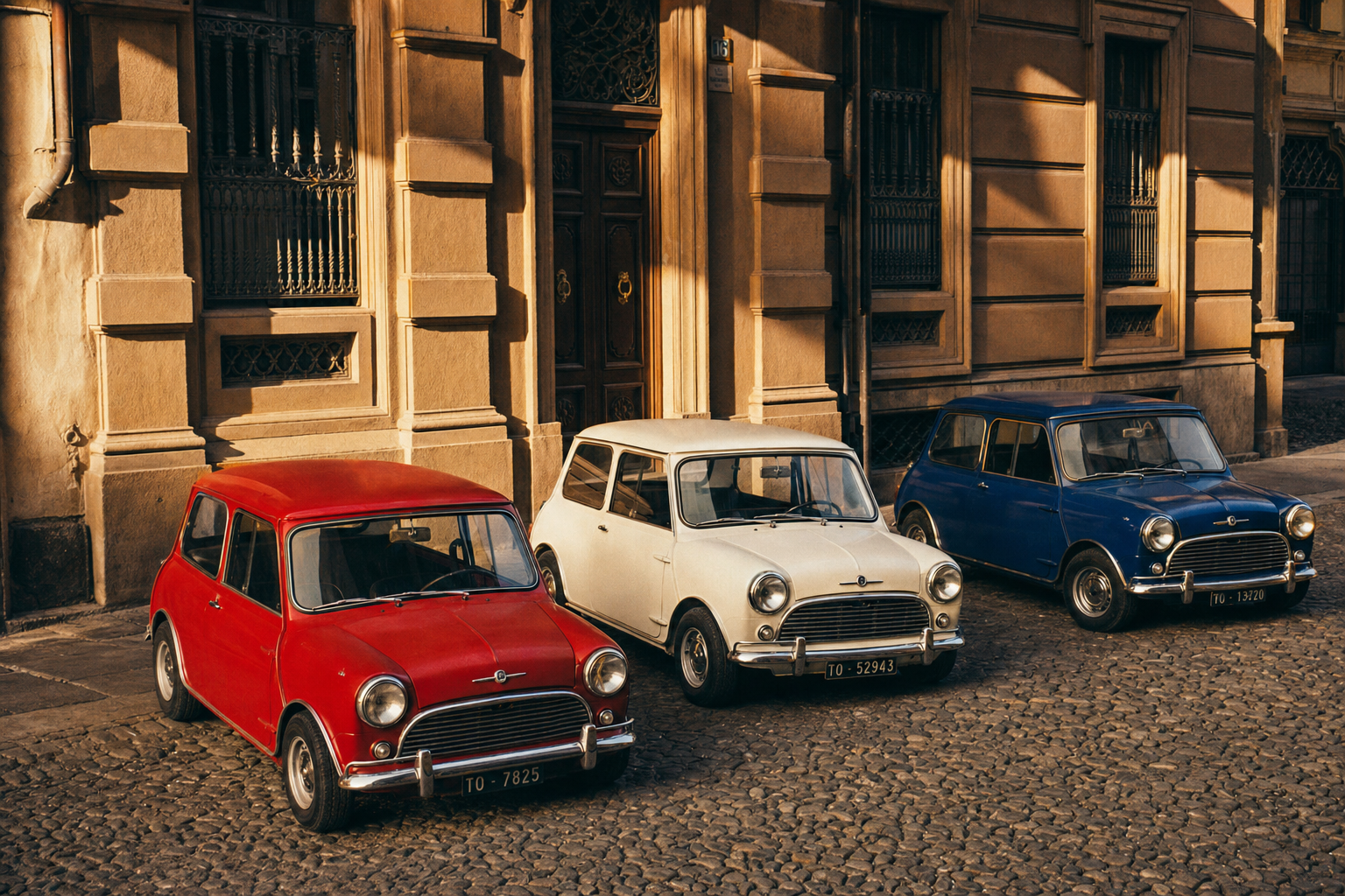 Three classic Mini Cooper S saloons in red, white and blue on a Turin cobblestone street