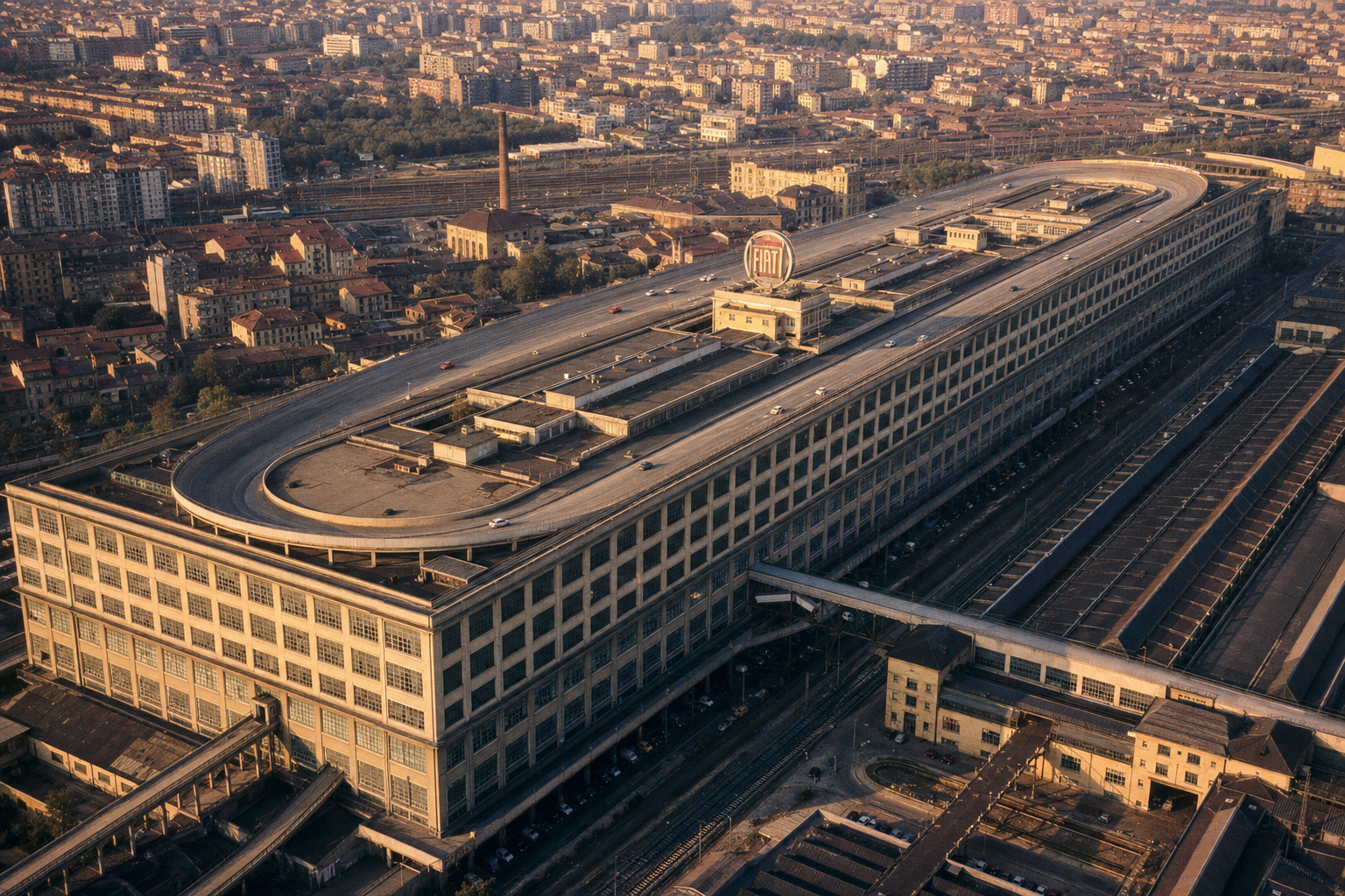 Aerial view of the Fiat Lingotto factory in Turin, the oval rooftop test track clearly visible