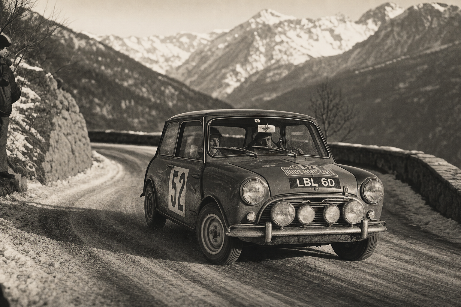 A Mini Cooper S on a Monte Carlo Rally stage, black and white, alpine mountain road