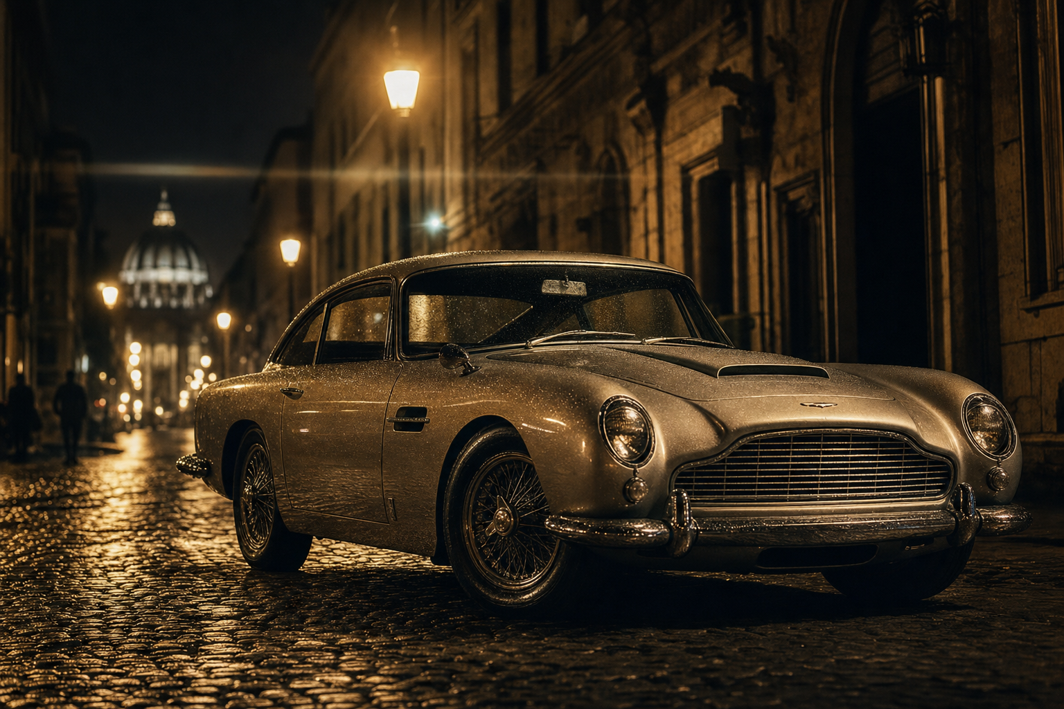 Silver Aston Martin DB5 on a wet European street